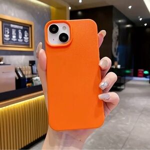 iPhone 14 Pro Phone Case Orange Simple Faux Leather Texture TPU Case……218